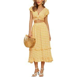 Yellow Floral Two-Piece Outfit With Crop Top & Ruffle Midi Skirt Summer Style Si